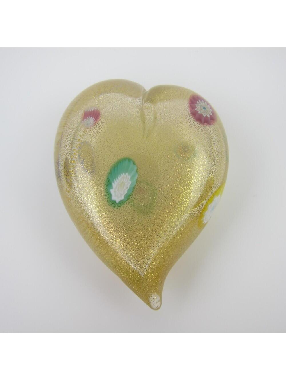 Vintage Murano Glass Paperweight Heart Shape Millefiori Murrines Gold Dust Italy